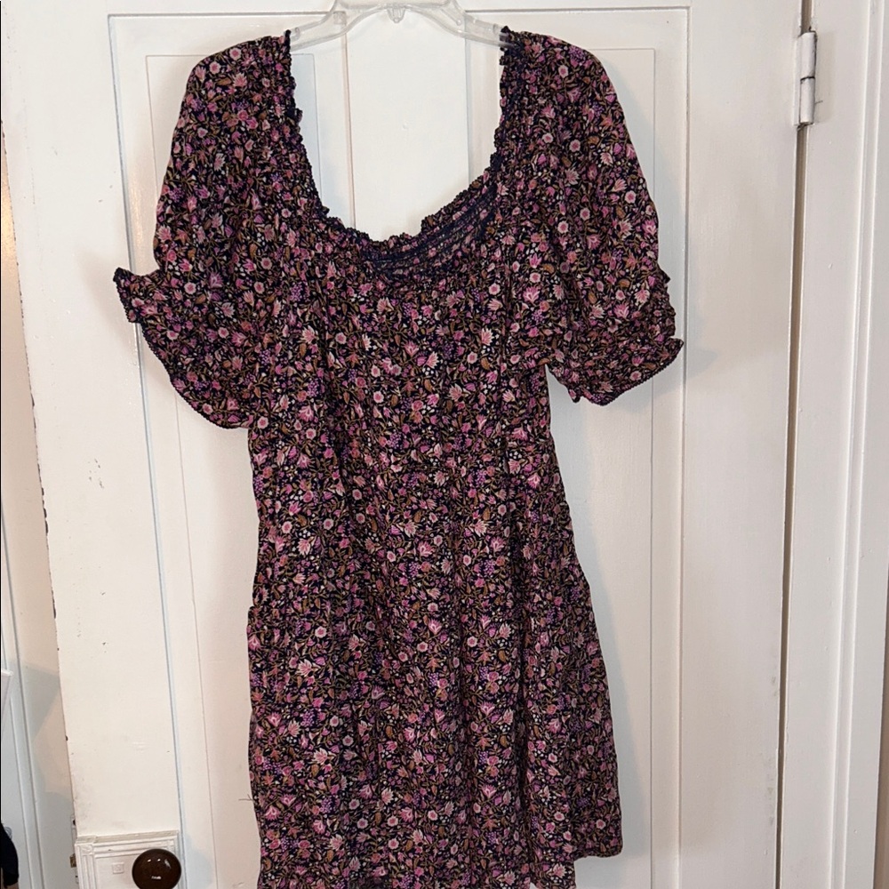 Old Navy Puff Sleeve Tiered Smocked Embroidered Mini Swing Dress Purple Floral